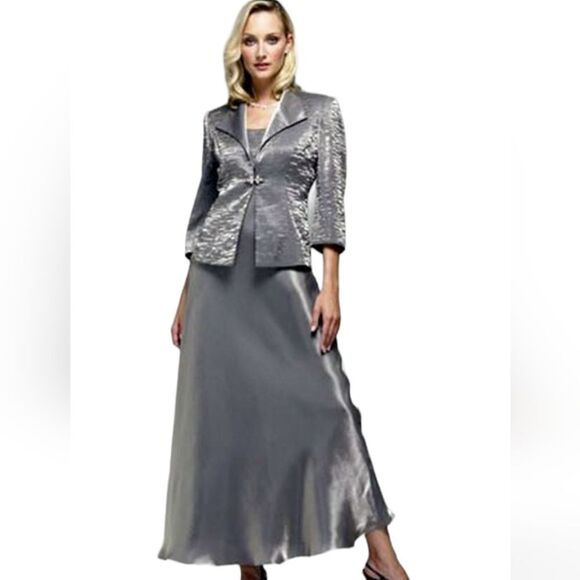Alex Evenings Pewter gown with matching jacket, rhinestone clasp 8P - Picture 1 of 14